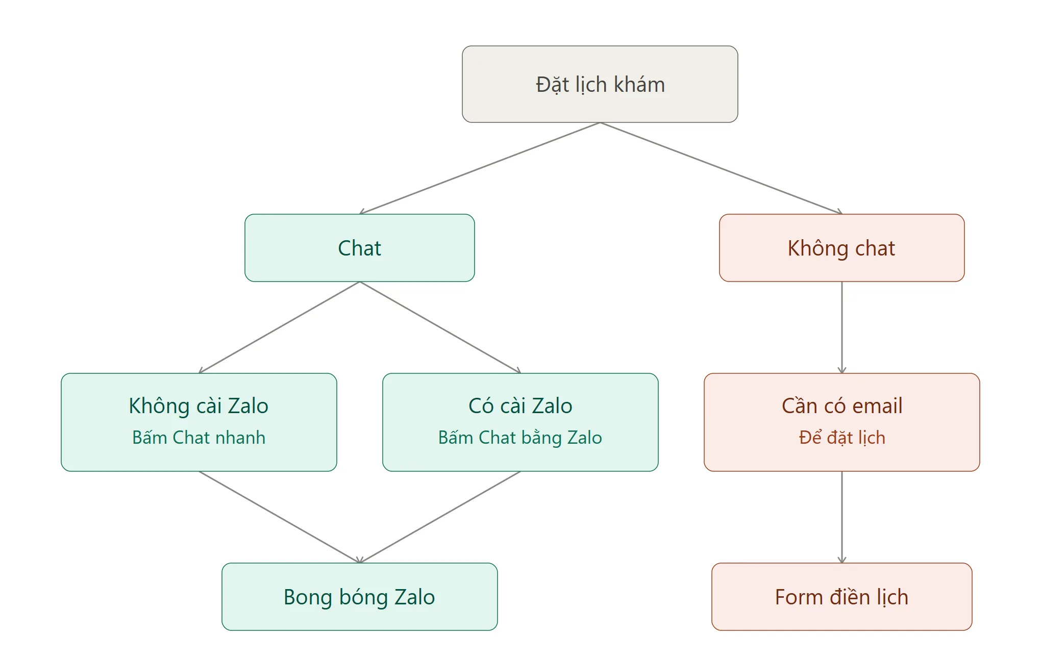 Sơ đồ đặt lịch khám da liễu - 2 luồng đăng ký qua Zalo OA hoặc form, Anh Mỹ Clinic