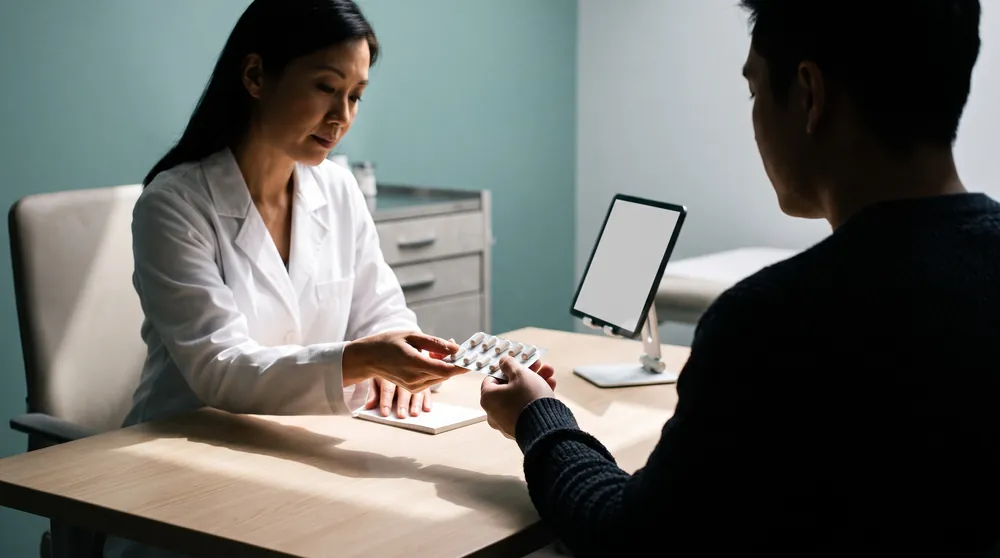 Bác sĩ da liễu xem đơn thuốc và ghi chú tần suất chảy máu mũi do isotretinoin của người bệnh