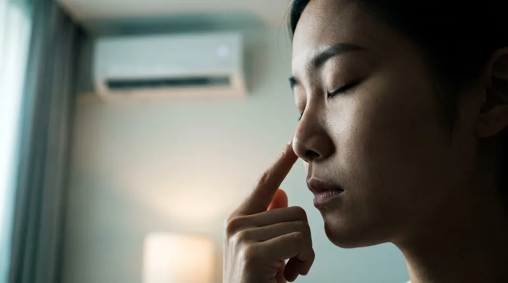 Khô niêm mạc mũi khi uống isotretinoin gây đóng vảy và nứt, dẫn tới chảy máu cam trong phòng máy lạnh