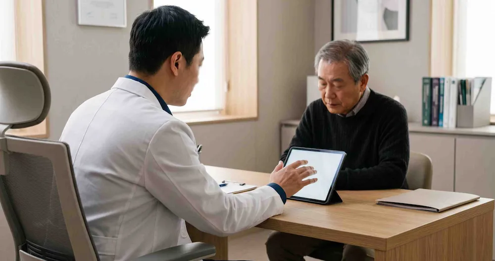 Bác sĩ da liễu tư vấn nguy cơ đau sau zona cho bệnh nhân cao tuổi tại phòng khám