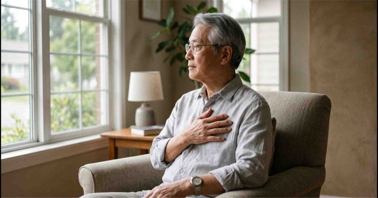 Người đàn ông lớn tuổi bị đau dây thần kinh sau zona, tay đặt lên vùng sườn bên trái
