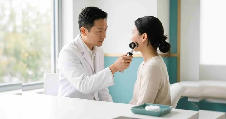 Demodex và rosacea: bác sĩ da liễu Anh Mỹ Clinic soi da cho bệnh nhân bị mụn mủ vùng má điều trị lâu không dứt
