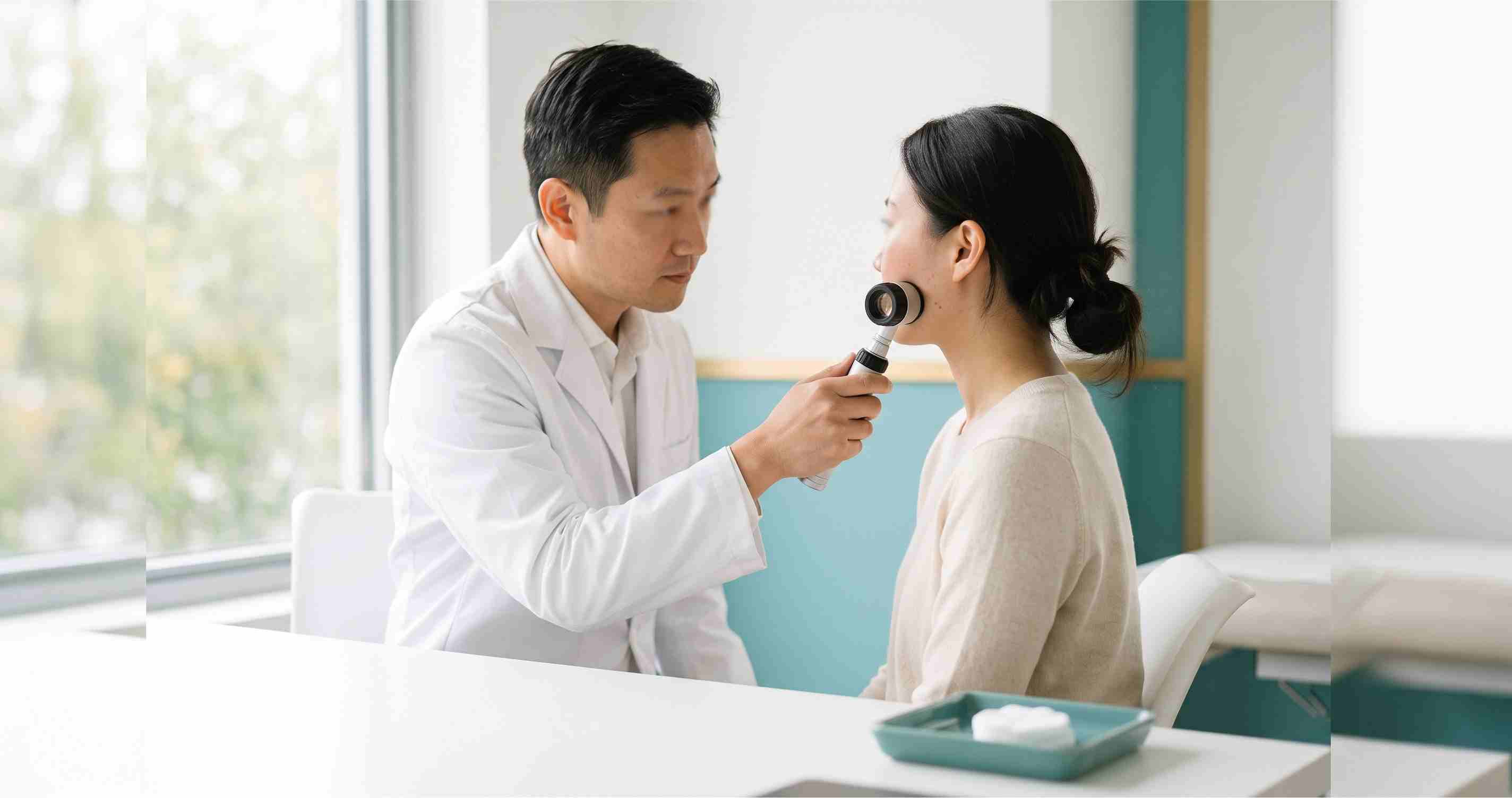 Demodex và rosacea: bác sĩ da liễu Anh Mỹ Clinic soi da cho bệnh nhân bị mụn mủ vùng má điều trị lâu không dứt