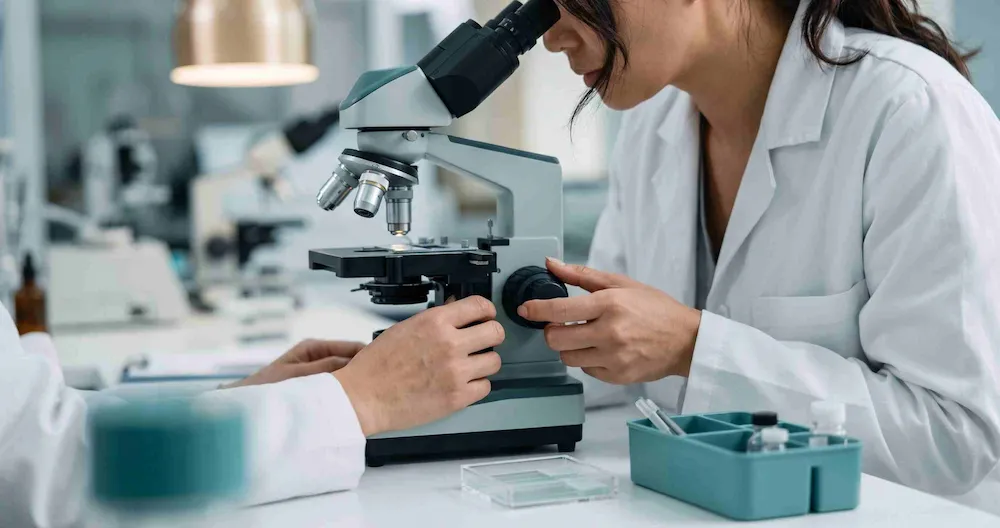 Bác sĩ soi kính hiển vi đếm mật độ mite trên da mặt để đánh giá đáp ứng khi điều trị viêm da do Demodex