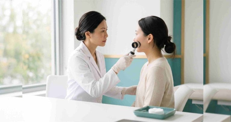 Điều trị viêm da do Demodex: bác sĩ da liễu soi da mặt bệnh nhân trước khi chỉ định thuốc bôi phù hợp
