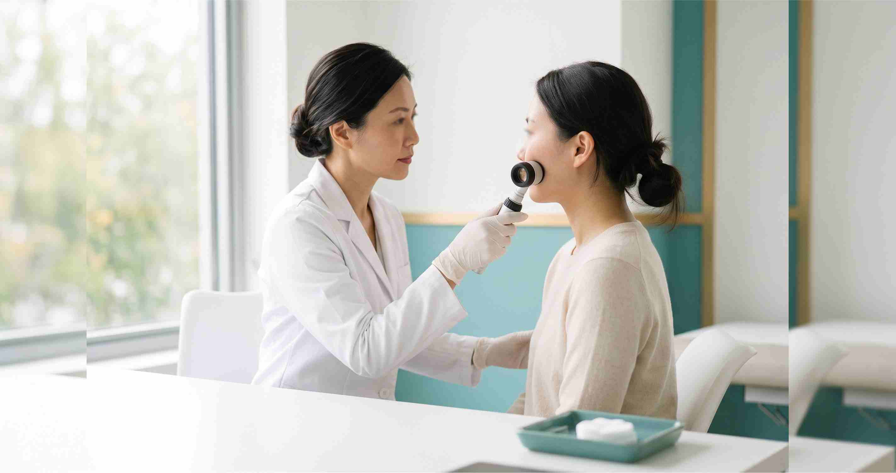 Điều trị viêm da do Demodex: bác sĩ da liễu soi da mặt bệnh nhân trước khi chỉ định thuốc bôi phù hợp
