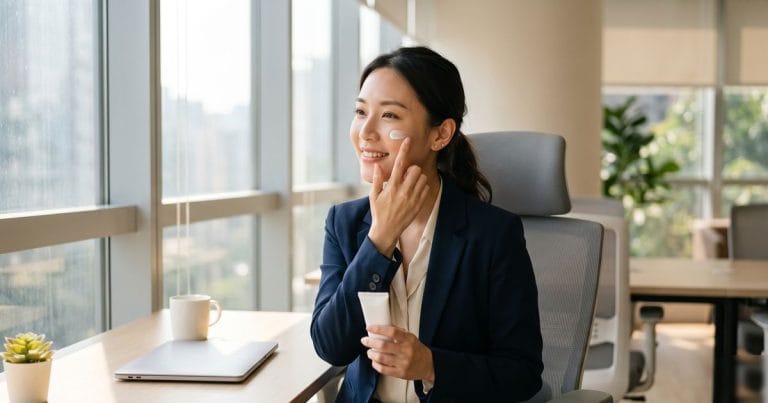 Phụ nữ bôi kem chống nắng đúng cách tại văn phòng gần cửa sổ để bảo vệ da khỏi tia UVA và nám da