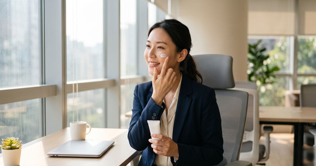 Phụ nữ bôi kem chống nắng đúng cách tại văn phòng gần cửa sổ để bảo vệ da khỏi tia UVA và nám da