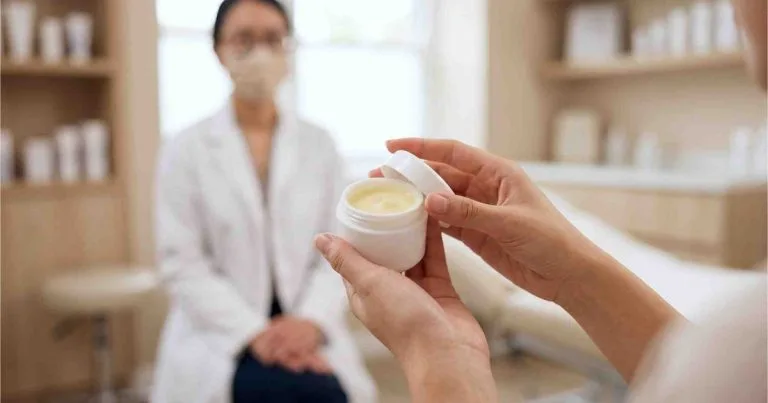 Hũ kem trộn không nhãn trên tay bệnh nhân, sai lầm thường gặp khi trị thâm mông