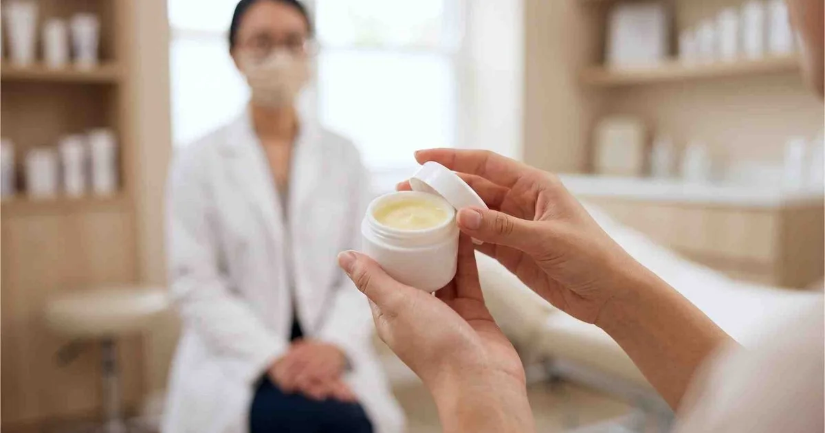 Hũ kem trộn không nhãn trên tay bệnh nhân, sai lầm thường gặp khi trị thâm mông