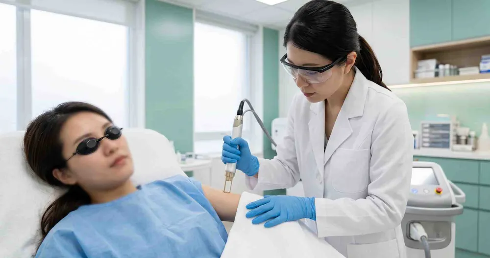 Bác sĩ da liễu thực hiện buổi laser trị thâm nách cho bệnh nhân với kính bảo hộ tại phòng khám