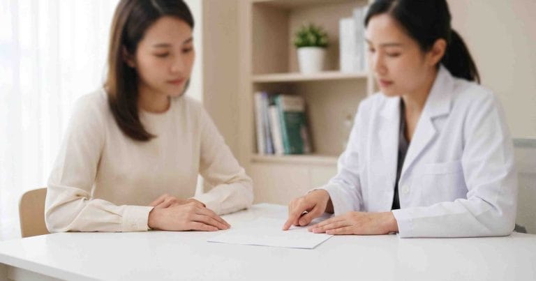 Bác sĩ tư vấn cho phụ nữ trẻ bị viêm cổ tử cung dai dẳng còn khí hư kéo dài sau điều trị