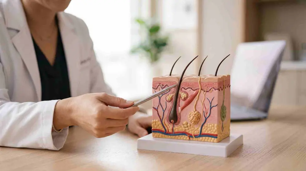 Mô hình giải phẫu nang lông minh họa cơ chế viêm nang lông ở vùng mông
