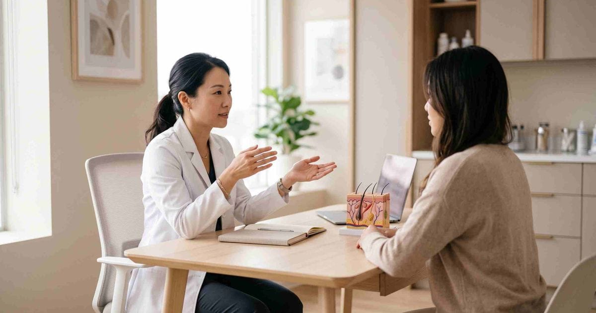 Bác sĩ da liễu Anh Mỹ Clinic tư vấn cho bệnh nhân bị viêm nang lông ở mông trong phòng khám