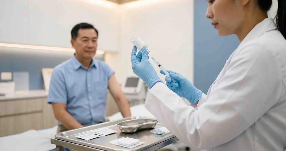 Chuẩn bị mũi vaccine zona tái tổ hợp RZV hai liều cho người trên 50 tuổi tại phòng khám