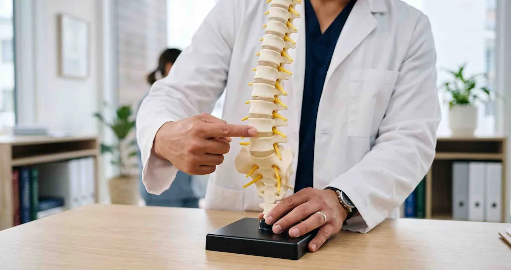 Bác sĩ chỉ vào hạch thần kinh trên mô hình cột sống để giải thích cơ chế zona thần kinh