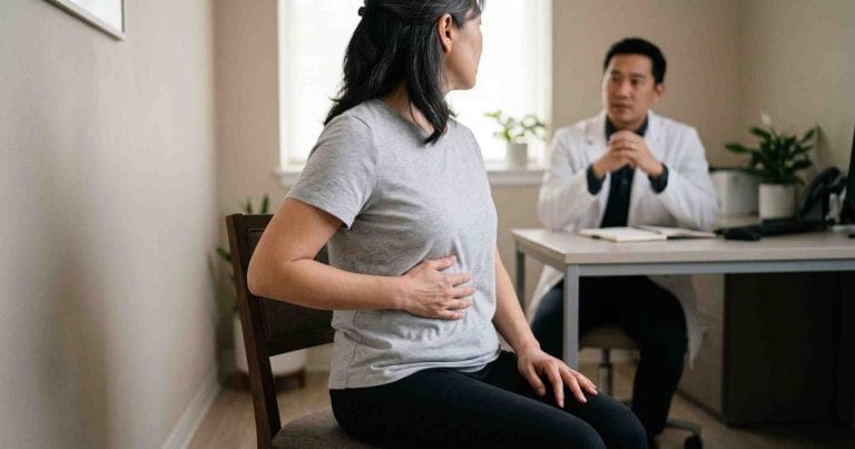 Người phụ nữ nghi bị zona thần kinh đặt tay lên vùng sườn một bên khi đi khám da liễu