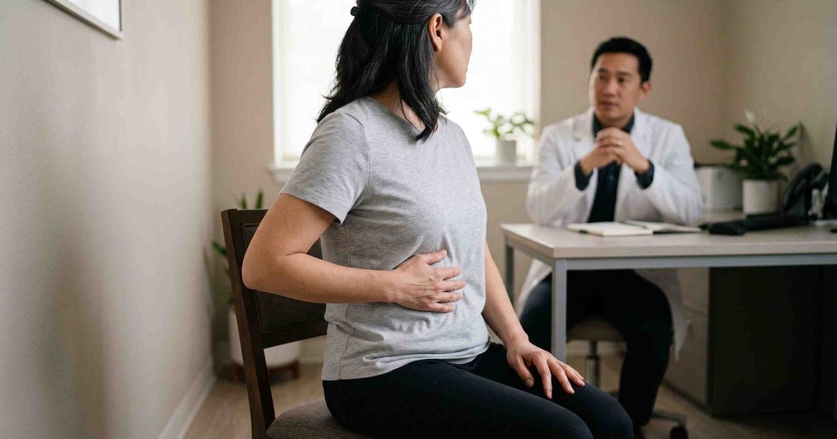 Người phụ nữ nghi bị zona thần kinh đặt tay lên vùng sườn một bên khi đi khám da liễu