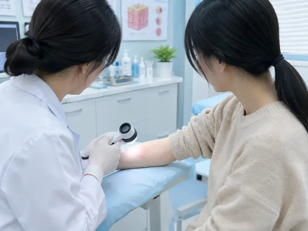 Bác sĩ da liễu khám vùng da cẳng tay có mảng đỏ nhẹ để phân thể bệnh chàm