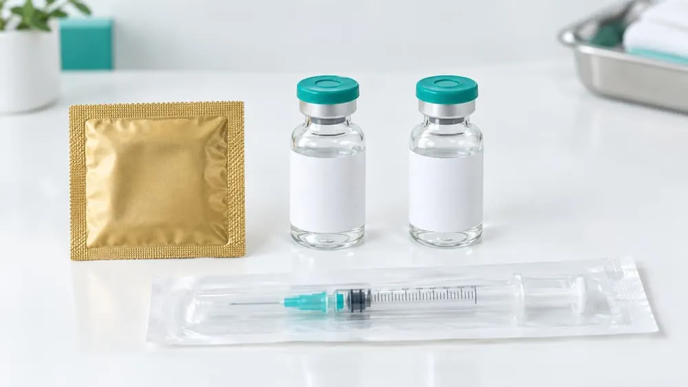 Gói bao cao su đóng kín và lọ vắc-xin cạnh nhau minh họa cách phòng bệnh lây truyền qua đường tình dục