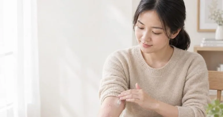 Người phụ nữ thoa kem dưỡng ẩm lên vùng da khô có mảng đỏ nhẹ khi chăm sóc bệnh chàm