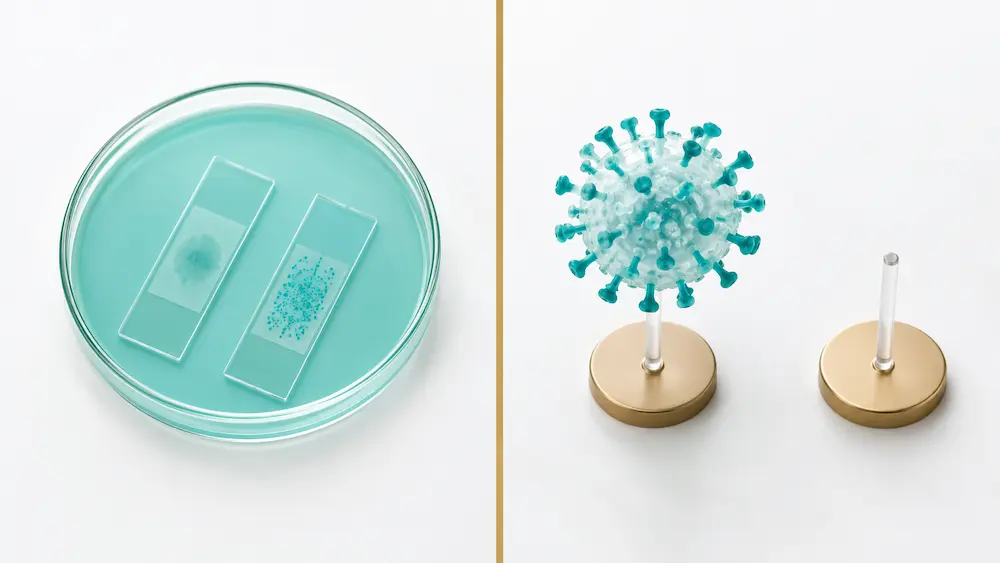 Đĩa cấy vi khuẩn và mô hình virus minh họa các nhóm bệnh lây truyền qua đường tình dục