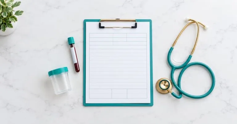 Mẫu xét nghiệm và phiếu trống trên bàn khám minh họa xét nghiệm bệnh lây truyền qua đường tình dục