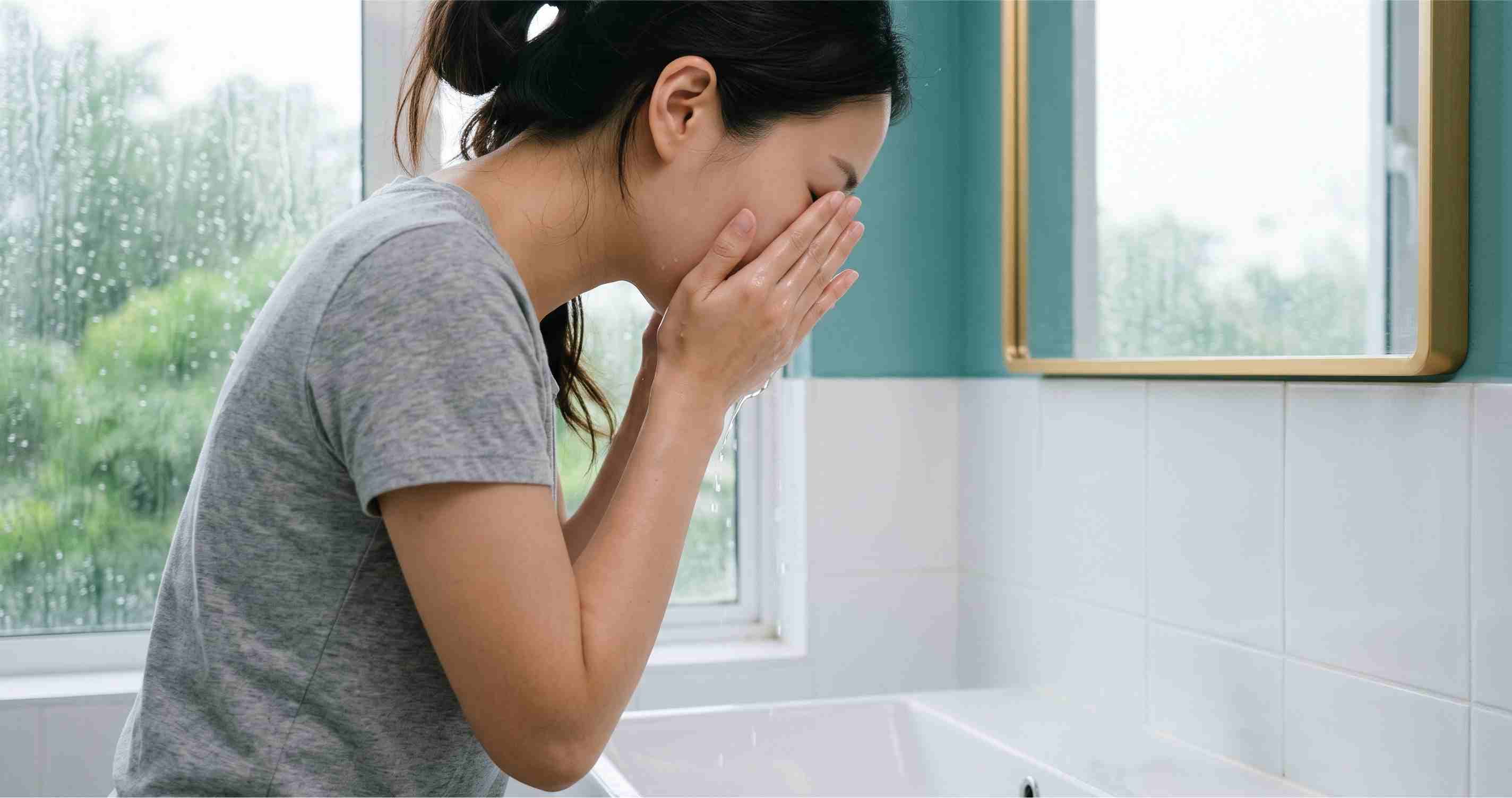 Chăm sóc da dầu mụn mùa mưa: người trẻ rửa mặt nhẹ nhàng trong ngày trời ẩm tại TP.HCM