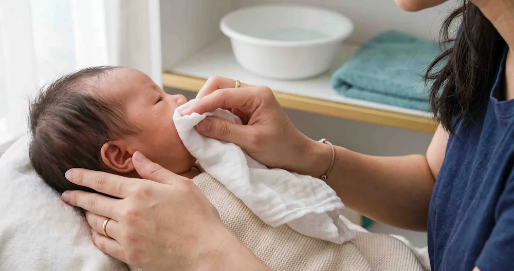 Cách chăm sóc da bé bị mụn kê: mẹ thấm khô mặt trẻ sơ sinh bằng khăn cotton mềm và nước sạch, không chà