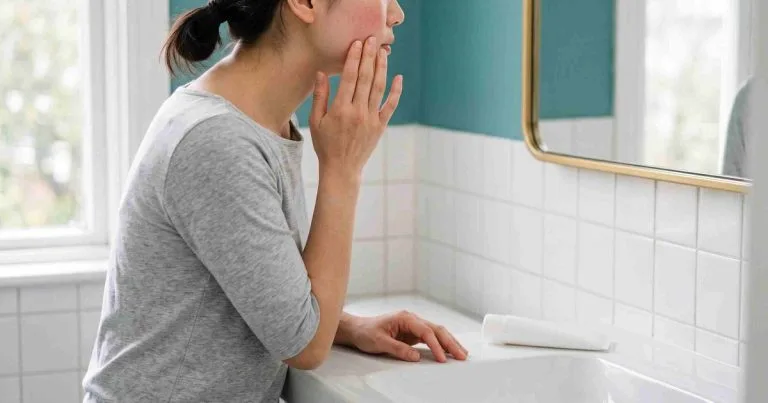 Da bị tổn thương sau làm đẹp tại nhà: người phụ nữ soi vùng má ửng đỏ trước gương phòng tắm