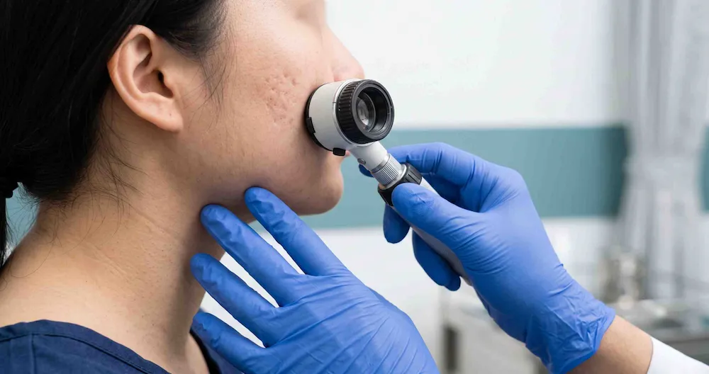 Bác sĩ da liễu Anh Mỹ Clinic đánh giá sẹo mụn trứng cá bằng dermoscopy để chọn phương pháp can thiệp phù hợp