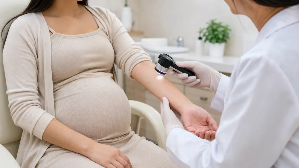 Bác sĩ da liễu khám da cho mẹ bầu để xác định đúng nhóm bệnh thay vì gọi chung là dị ứng thai kỳ