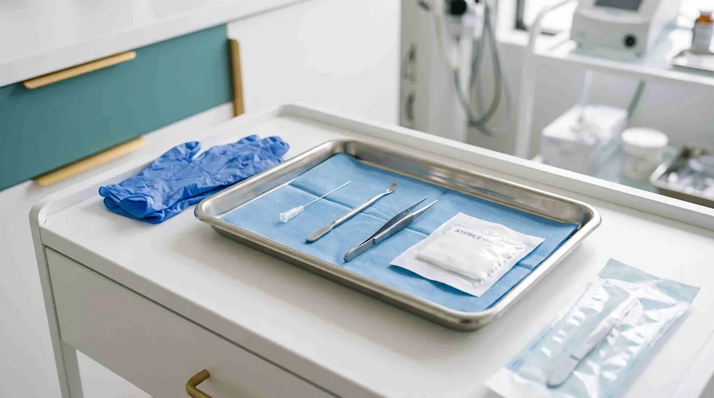 Dụng cụ vô trùng dùng trong thủ thuật lấy mụn kê tại phòng khám da liễu: kim, nạo, kẹp