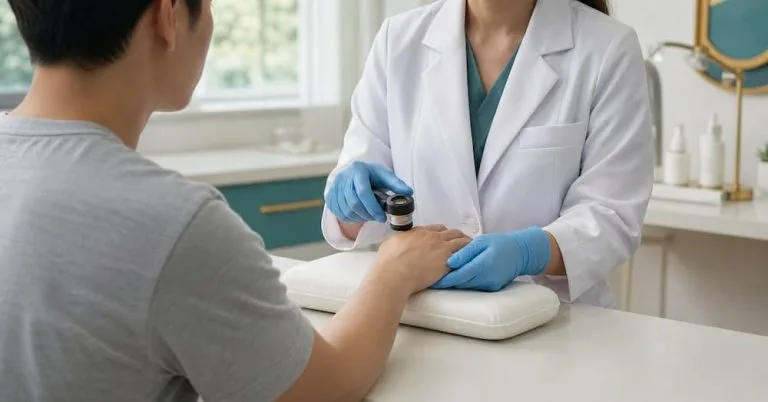 Bác sĩ da liễu soi da kẽ ngón tay bằng máy soi, bước khám giúp nhận biết ghẻ sinh dục và rận mu