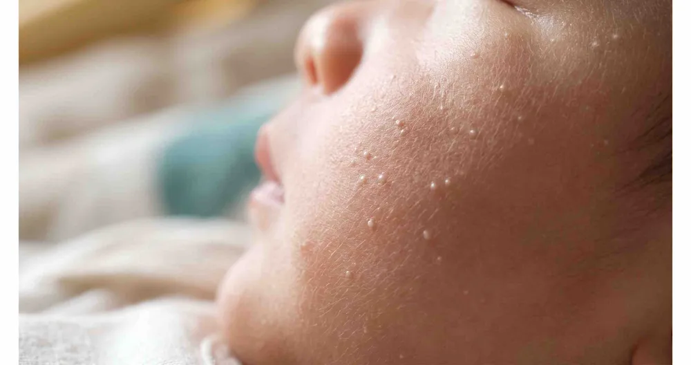 Hình thái mụn kê milia ở trẻ sơ sinh: sẩn trắng tròn chắc 1-2 mm nằm nông dưới bề mặt da má và mũi bé