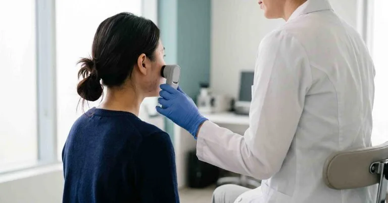 Bác sĩ da liễu Anh Mỹ Clinic thăm khám và tư vấn phác đồ điều trị mụn trứng cá cho bệnh nhân nữ