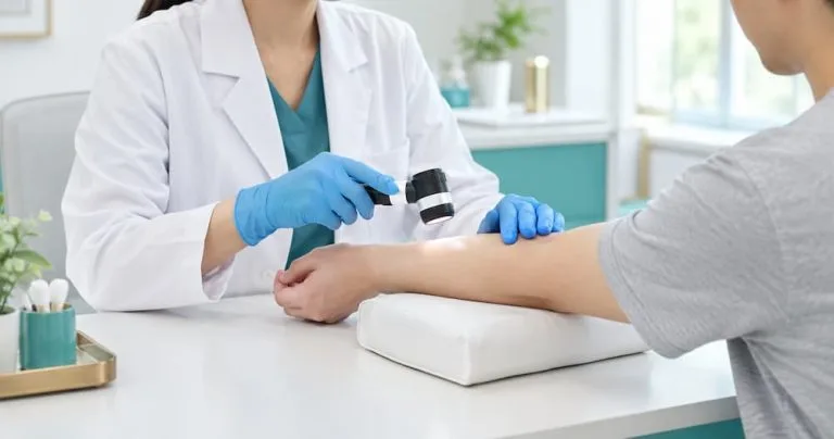 Bác sĩ da liễu soi da cho người bệnh, bước khám giúp nhận biết đậu mùa khỉ (mpox) và các nốt dễ nhầm