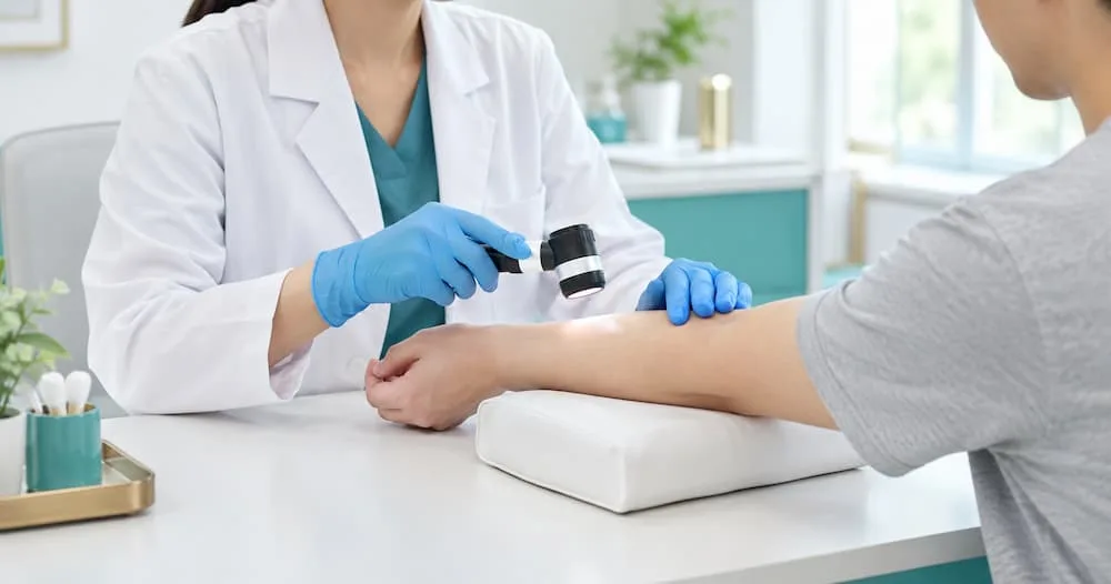 Bác sĩ da liễu soi da cho người bệnh, bước khám giúp nhận biết đậu mùa khỉ (mpox) và các nốt dễ nhầm