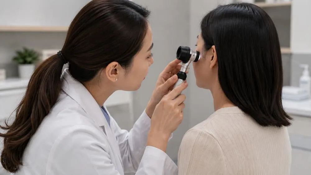 Bác sĩ soi da đánh giá nốt trắng nhỏ trên mặt tại phòng khám chuyên khoa da liễu