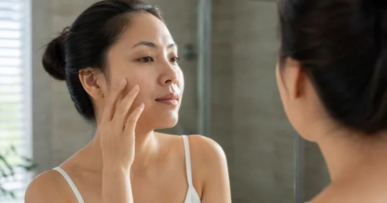 Nốt trắng nhỏ trên mặt là bệnh gì: phụ nữ soi gương quan sát vùng má trước khi đi khám da liễu