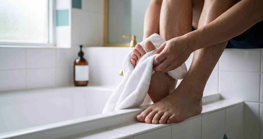 Lau khô kỹ từng kẽ ngón chân sau khi rửa xà phòng để phòng nước ăn chân mùa mưa