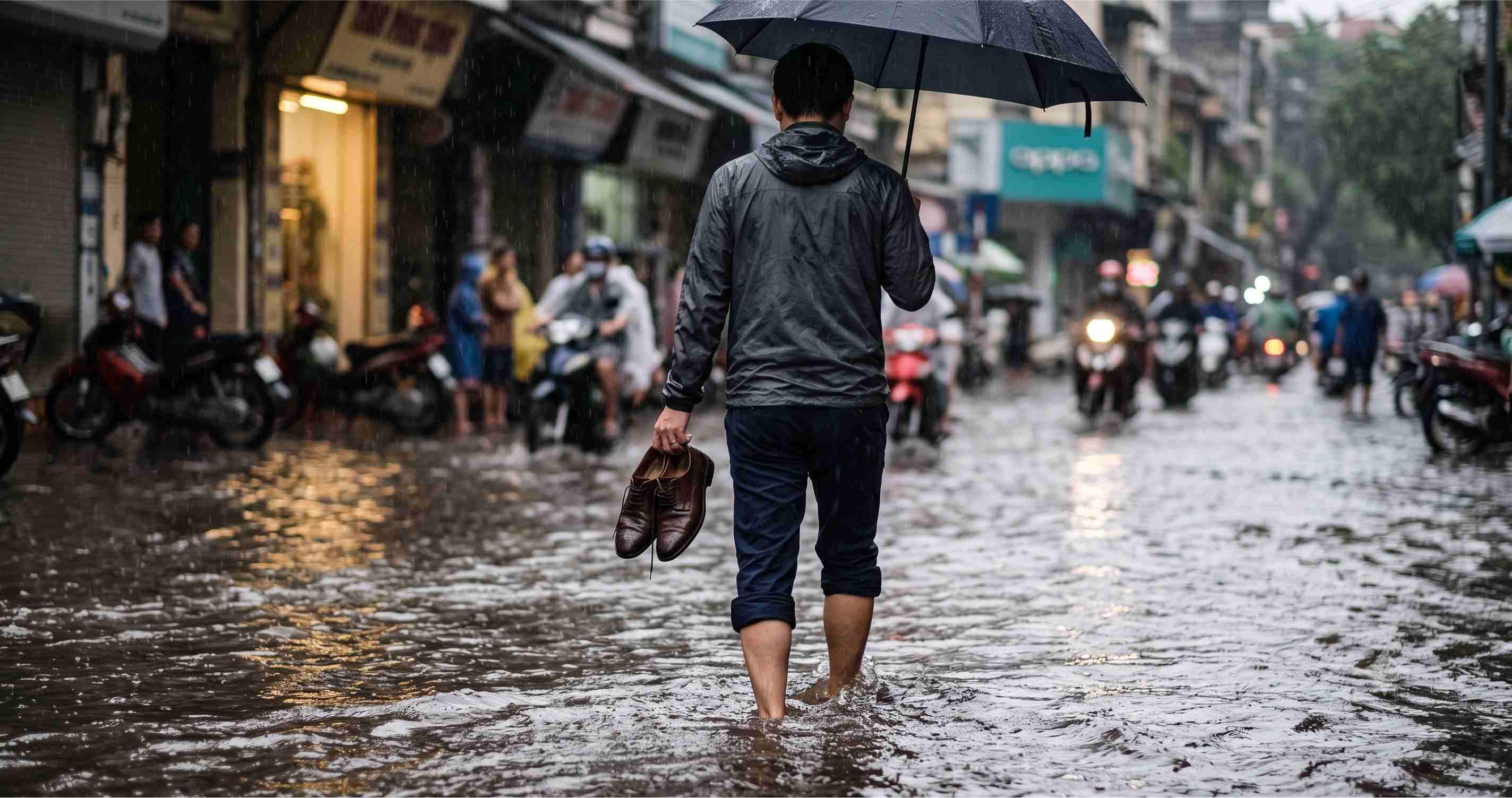 Người đi làm lội nước ngập tại TP.HCM, tình huống thường dẫn tới nước ăn chân mùa mưa
