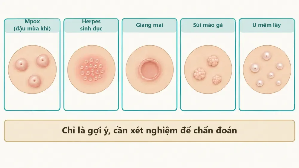 Hình minh họa gợi ý khác biệt giữa nốt đậu mùa khỉ và herpes sinh dục, giang mai, sùi mào gà, u mềm lây