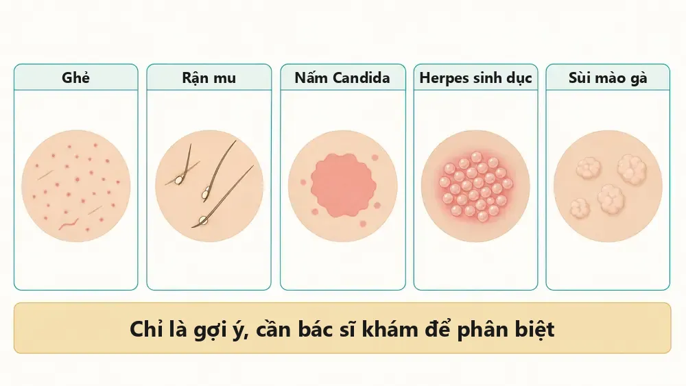Hình minh họa gợi ý khác biệt giữa ghẻ, rận mu và nấm Candida, herpes sinh dục, sùi mào gà vùng kín