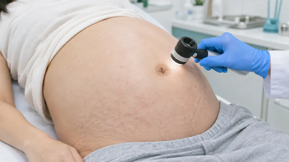 Bác sĩ da liễu khám vùng quanh rốn để phân biệt PUPPP/PEP với pemphigoid thai kỳ, trường hợp nghi ngờ cần sinh thiết da Phân biệt phát ban đa dạng thai kỳ chừa rốn với pemphigoid thai kỳ lan cả rốn khi khám da liễu
