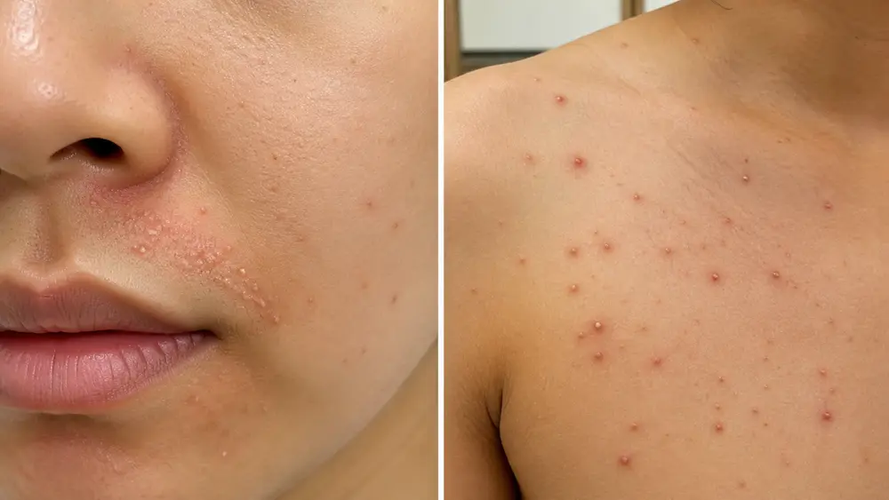 Bảng so sánh viêm nang lông do vi khuẩn Gram âm quanh mũi miệng và viêm nang lông do nấm Malassezia ở lưng ngực