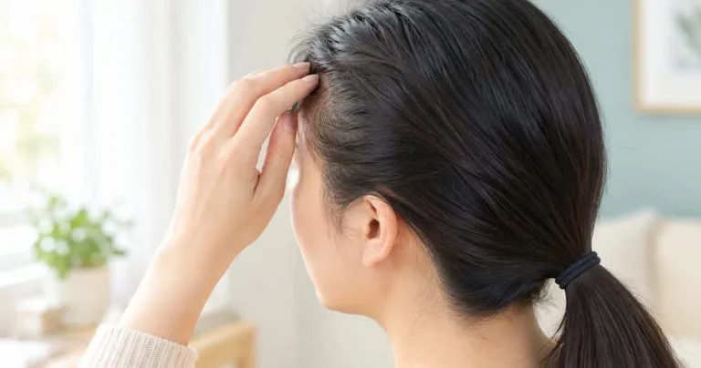 phụ nữ kiểm tra chân tóc trong quá trình phục hồi tóc sau rụng