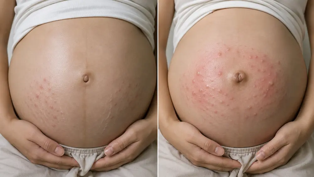 So sánh bụng bầu: PUPPP thường chừa vùng quanh rốn (trái), pemphigoid thai kỳ lan cả vùng rốn (phải)