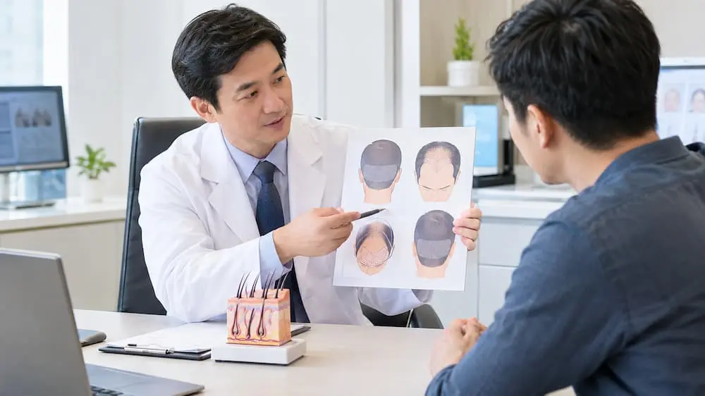 bác sĩ da liễu Anh Mỹ Clinic tư vấn kế hoạch điều trị kết hợp cấy tóc và duy trì nội khoa