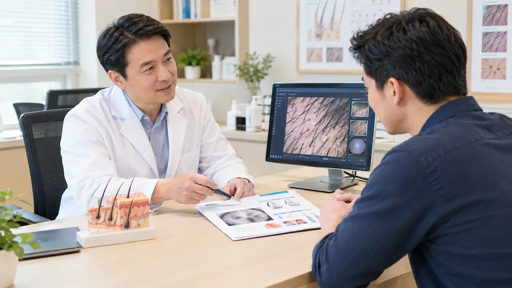 bác sĩ da liễu Anh Mỹ Clinic tư vấn phác đồ điều trị rụng tóc cá thể hóa cho bệnh nhân